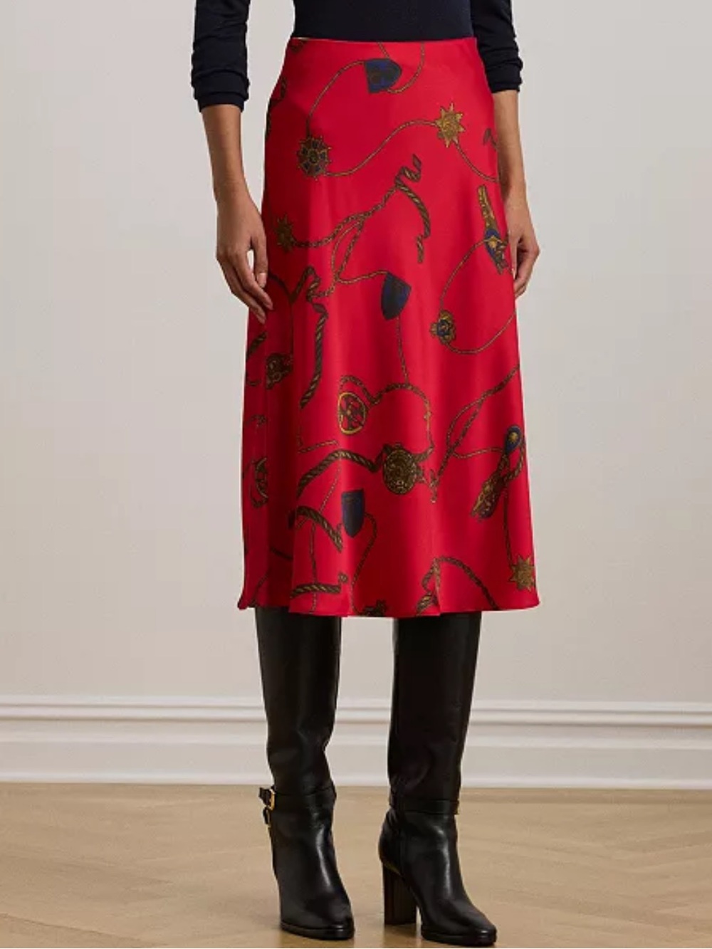 Lauren Ralph Lauren Belting Print Satin Midi Skirt Red NWT